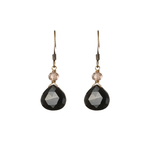 Edgy Petal Black Onyx Teardrop and Smoky Quartz Earrings