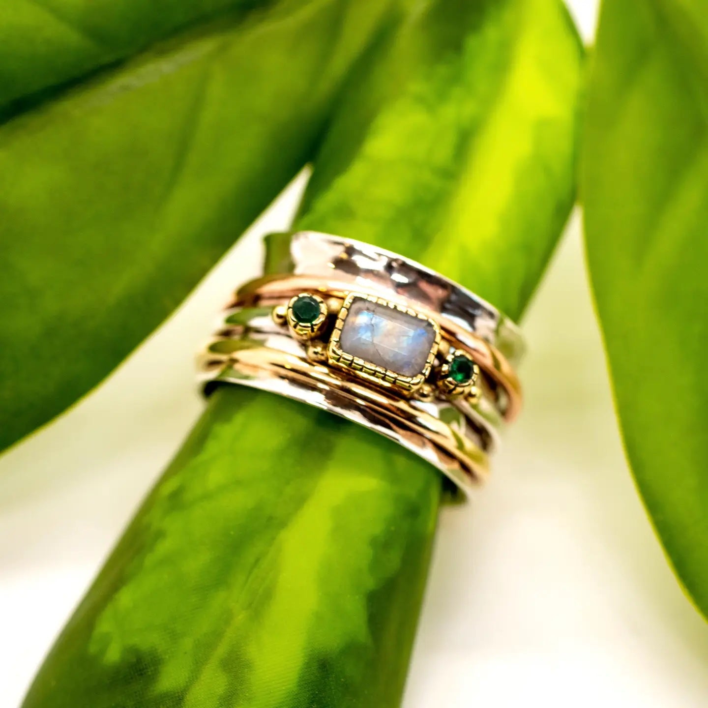 Baizaar Sterling Silver Moonstone Emerald Spinner Ring