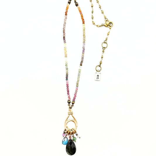 Lock & Key Multi Cluster Gemstone Drop Necklace