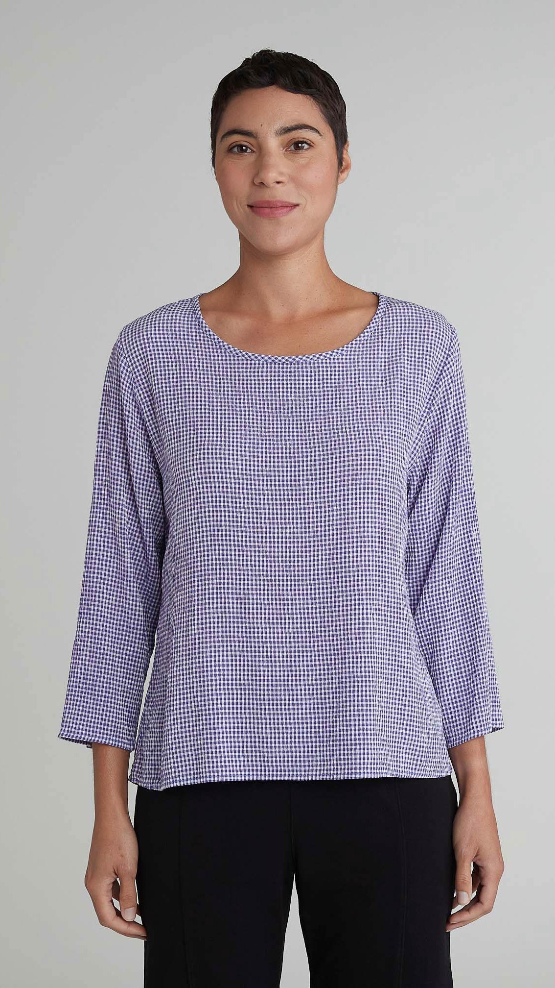 Cut Loose Crinkle Check Split Back 3/4 Sleeve Top - Multiple Colors