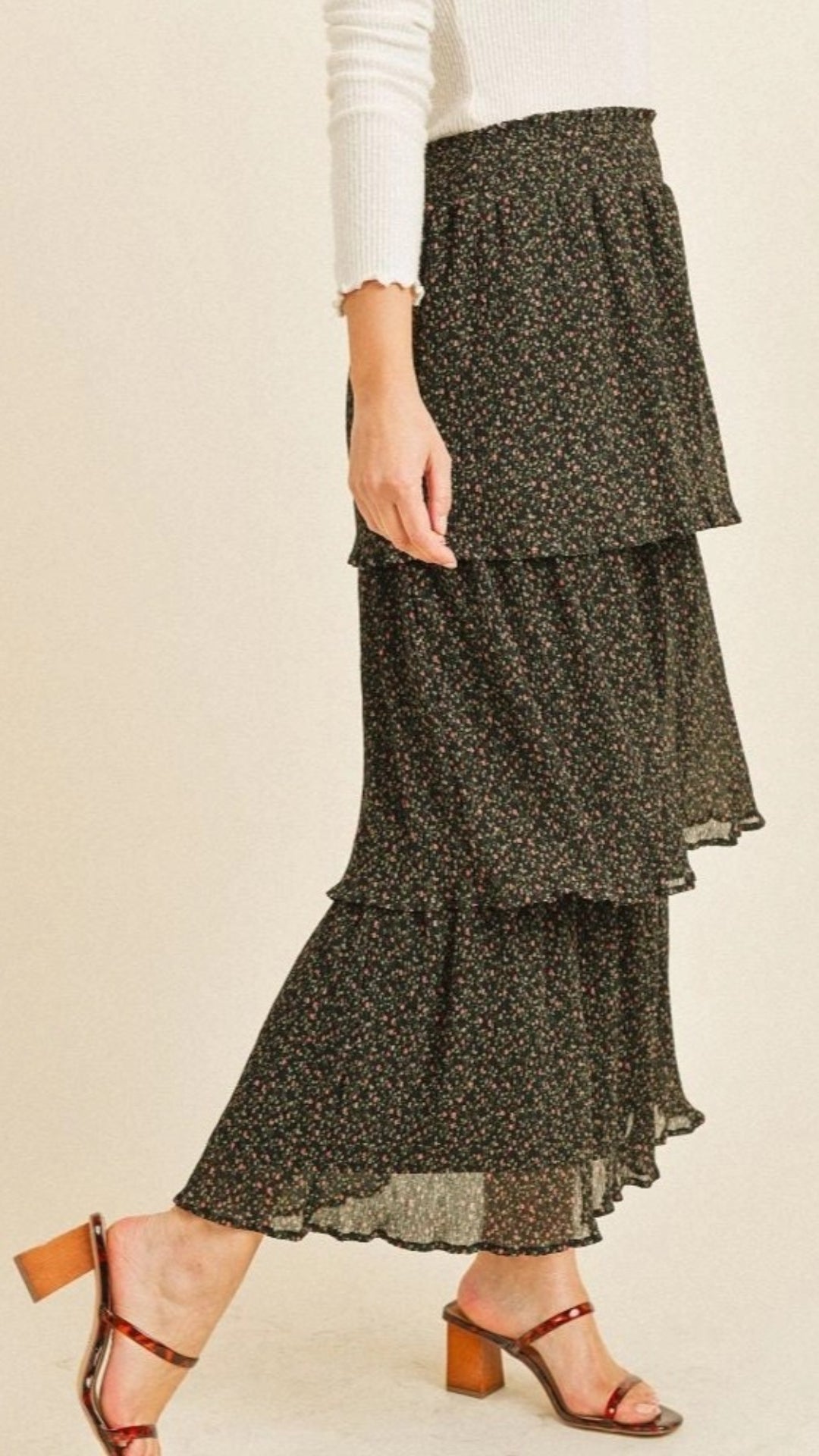 Paper Crane Pleated Layer Floral Midi Skirt