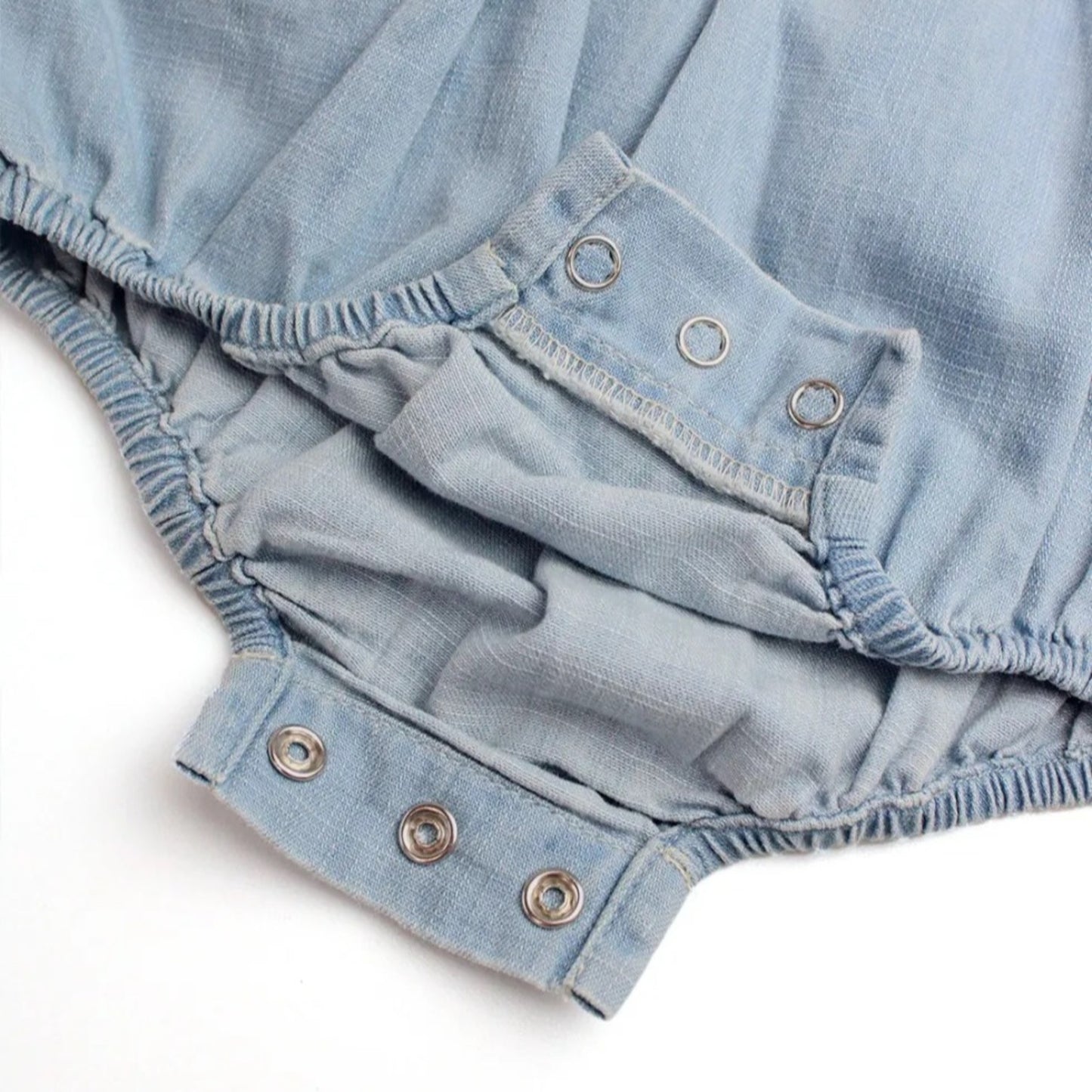 RuffleButts Light Wash Denim Flutter Bubble Romper