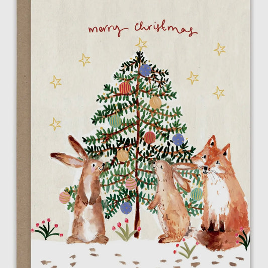 Bunnies & Fox Christmas Tree Holiday Greeting Card