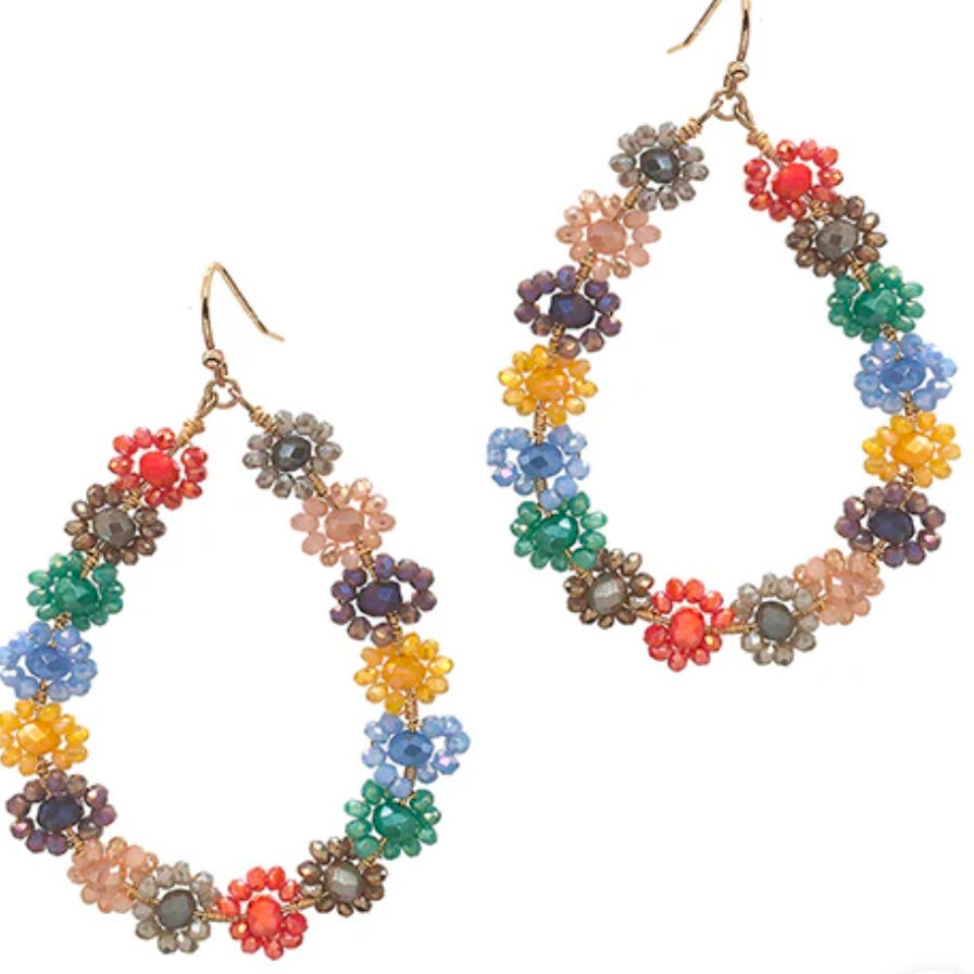 Teardrop Beaded Flower Earrings - Multiple Colors