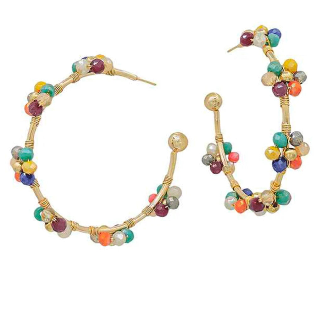 Beaded Flower Hoop Earrings - Multiple Colors