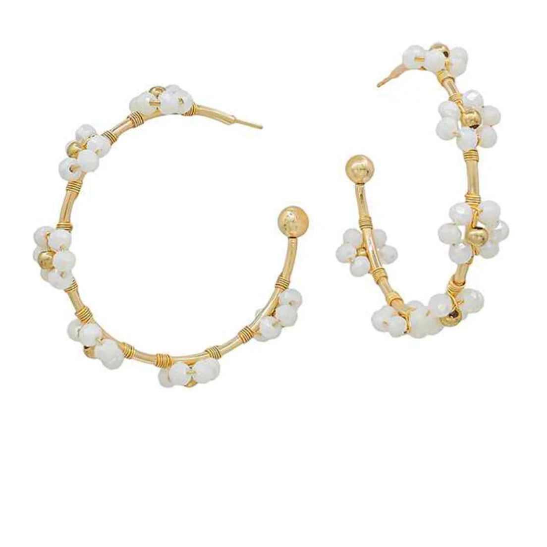 Beaded Flower Hoop Earrings - Multiple Colors