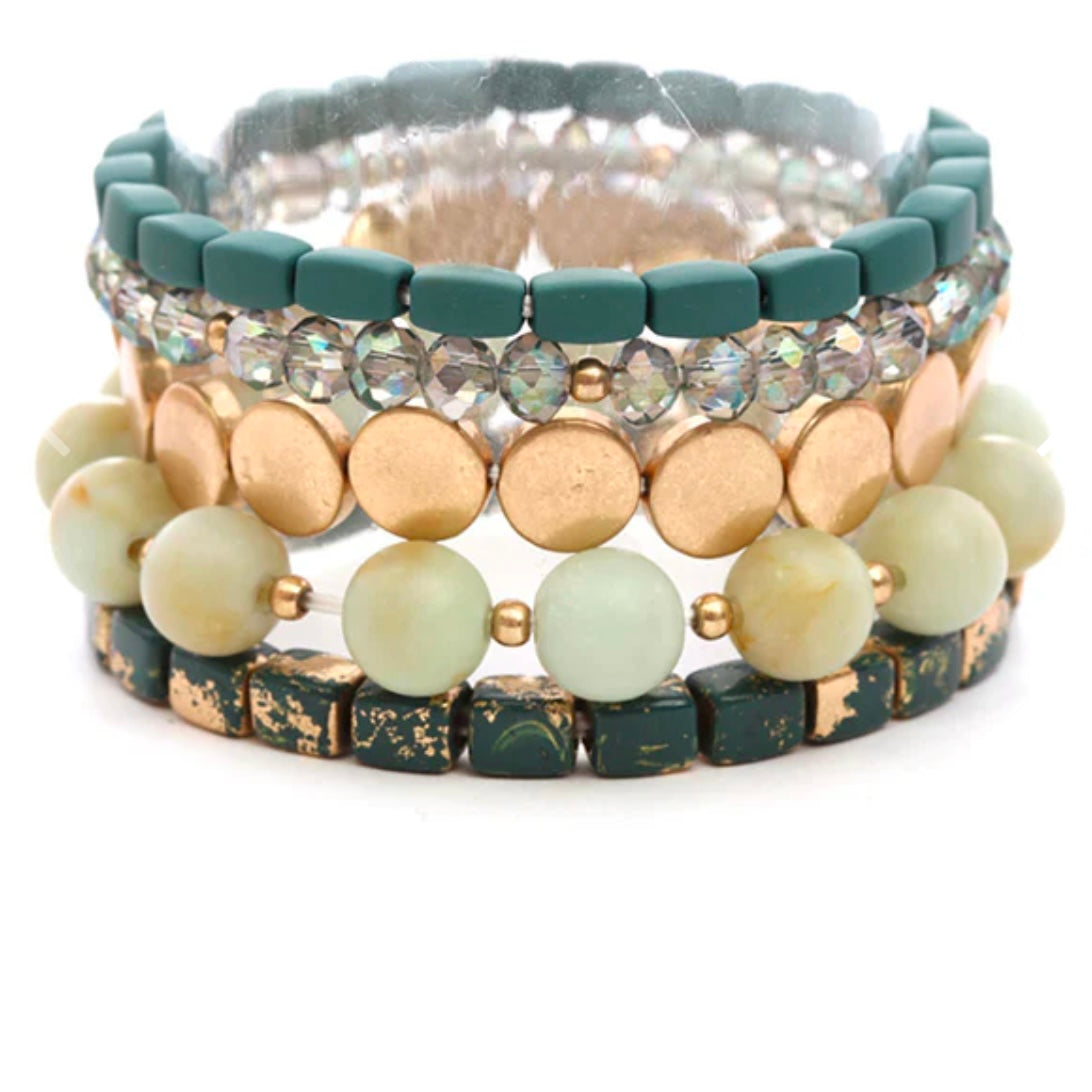 Metal and Bead Stretch Bracelet Set - Multiple Colors