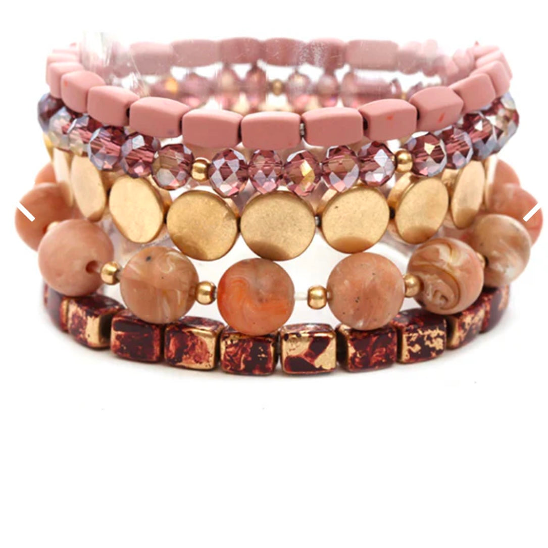 Metal and Bead Stretch Bracelet Set - Multiple Colors