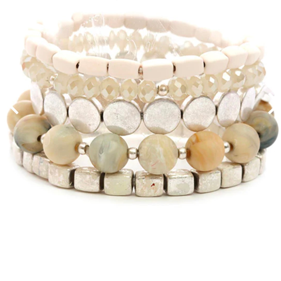 Metal and Bead Stretch Bracelet Set - Multiple Colors