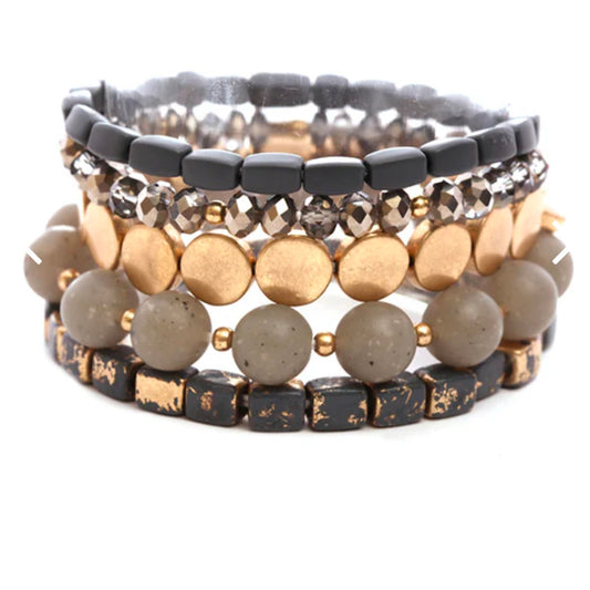 Metal and Bead Stretch Bracelet Set - Multiple Colors