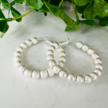 Matte Silver Medium Beaded Hoops