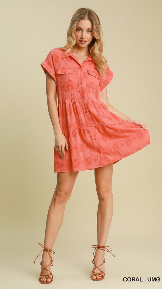 Umgee Swiss Dot Jacquard Button Down Collared Dress