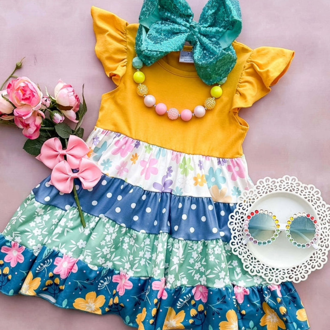 Hair Bow Company Lemon Tiered Floral Dress