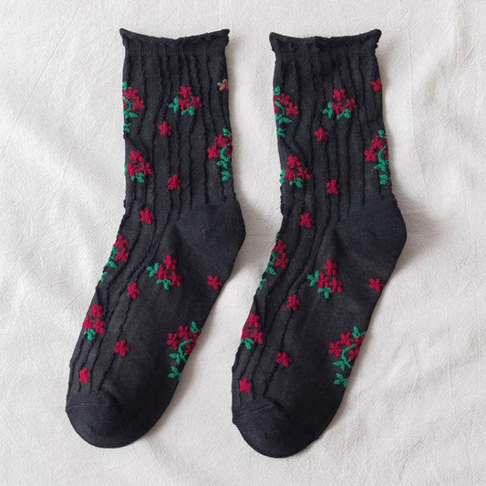 Preppy Midtube Floral Striped Socks - Multiple Colors